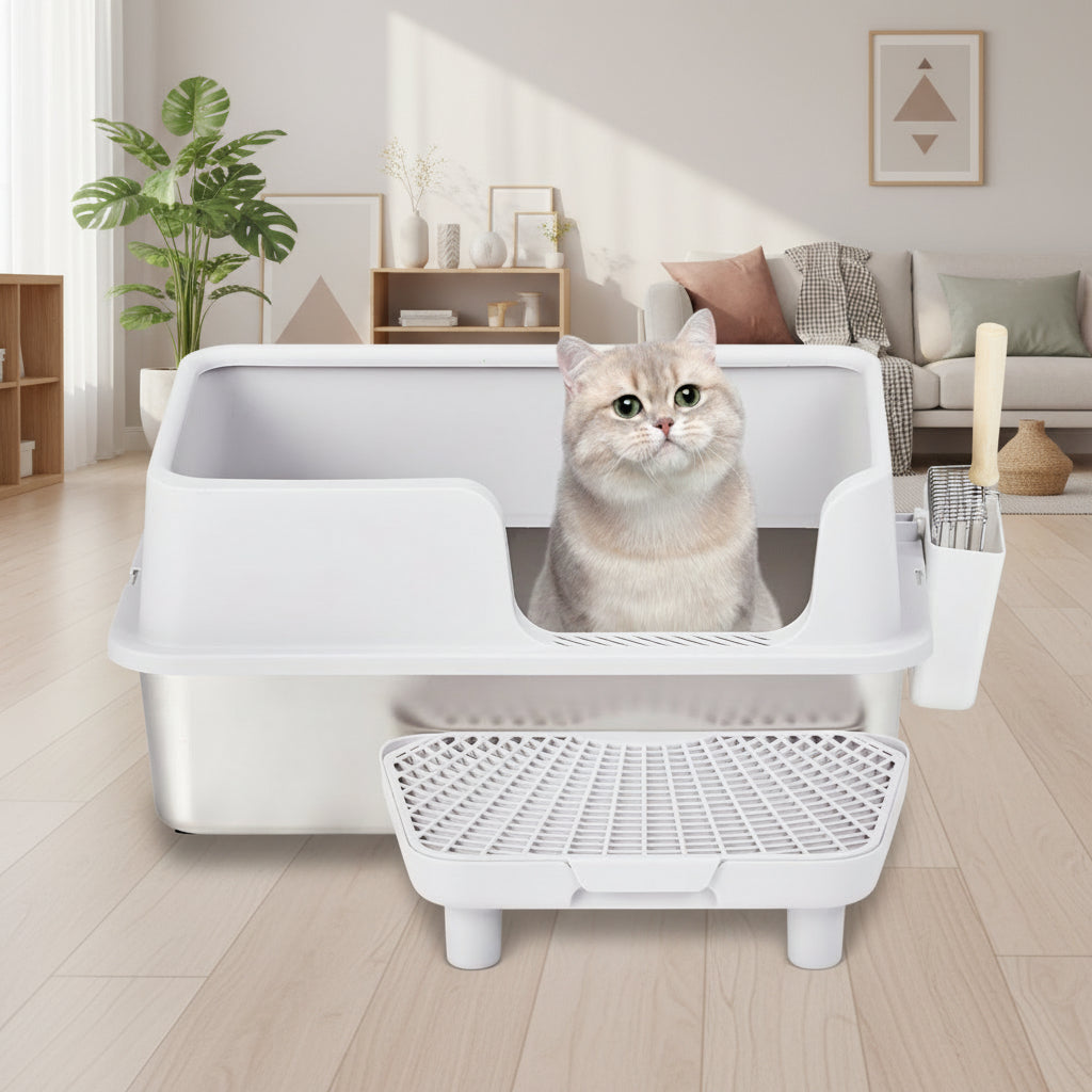 Stainless Steel Cat Litter Box with Lid & High Sides