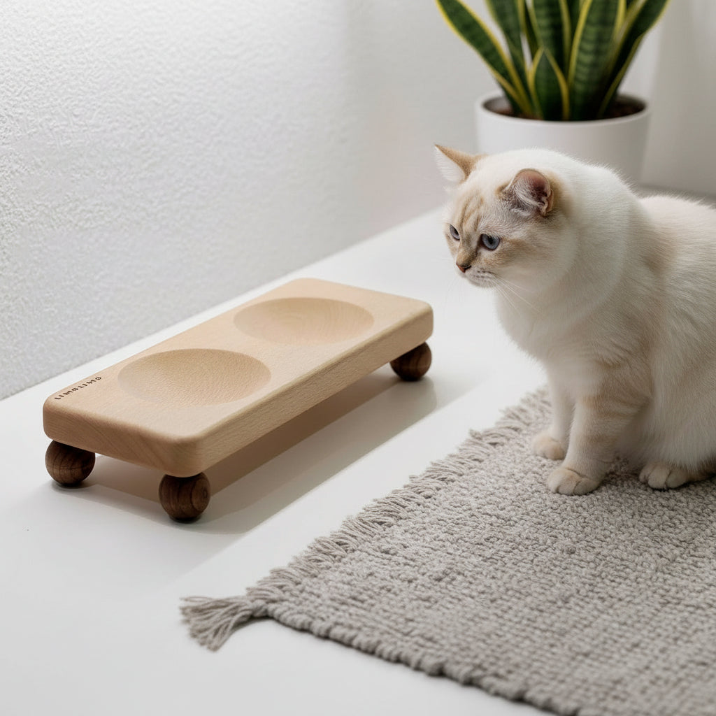 Solid Wood Pet Bowl Stand & Ceramic Feeding Bowls