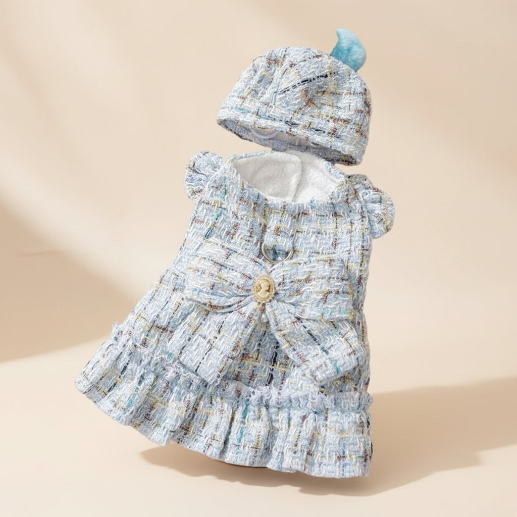Winter Tweed Pet Dress — Warm Dog & Cat Outfit with Bow & Cap