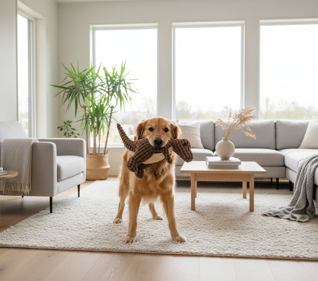 Corduroy Dinosaur Plush Toy — Durable Squeaky Playmate for Dogs