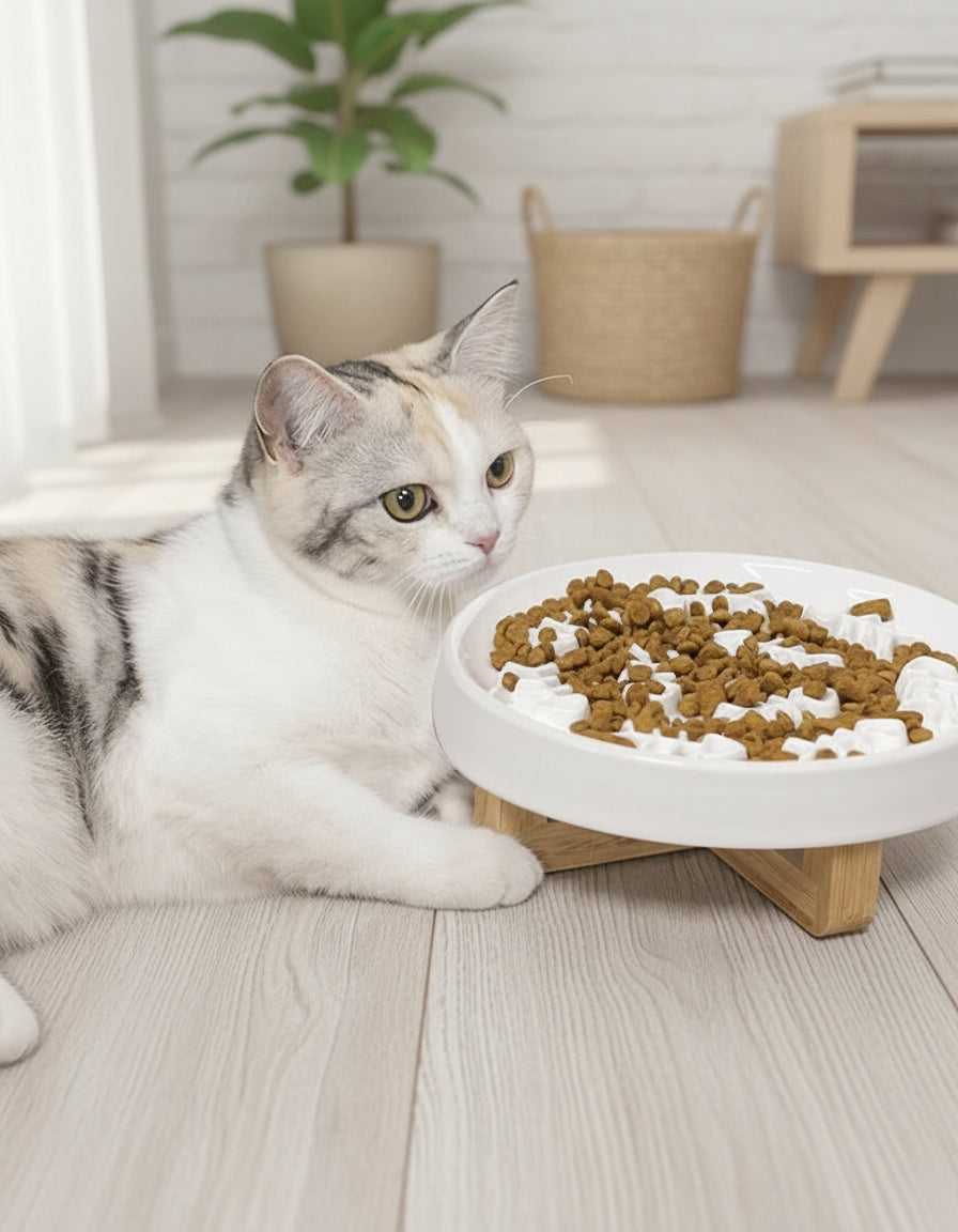 Ceramic Slow Feeder with Wooden Stand