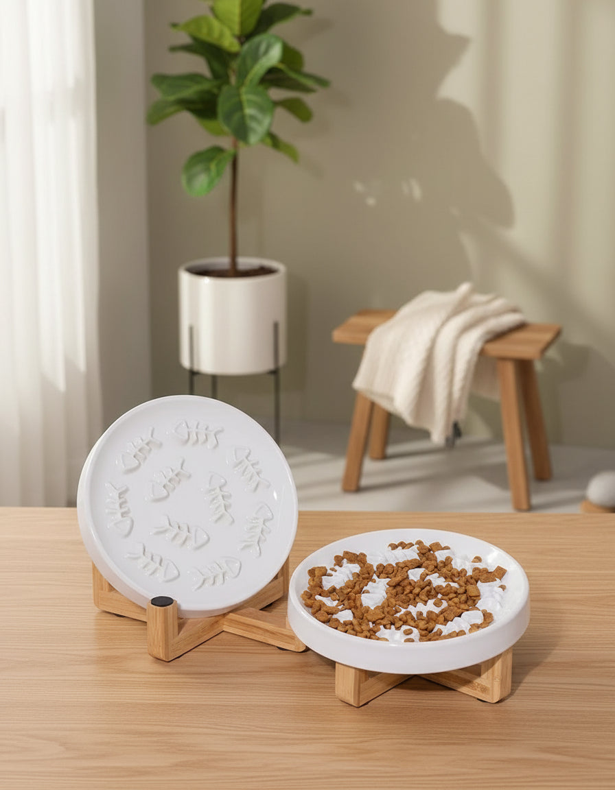 Ceramic Slow Feeder with Wooden Stand