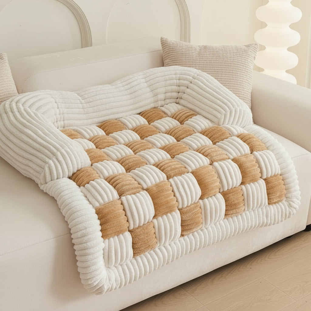 Checkered Plush Pet Blanket — Soft Reversible Mat for Dogs & Cats