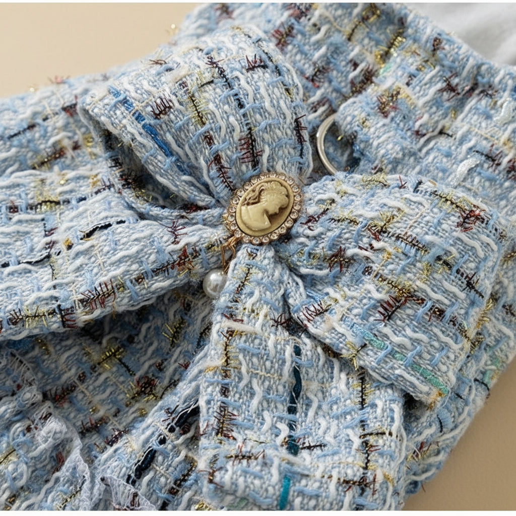 Winter Tweed Pet Dress — Warm Dog & Cat Outfit with Bow & Cap