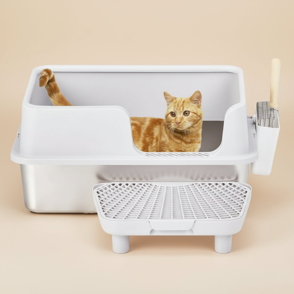 Stainless Steel Cat Litter Box with Lid & High Sides