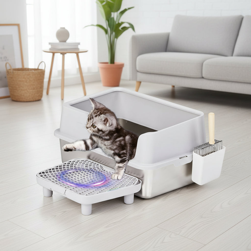 Stainless Steel Cat Litter Box with Lid & High Sides