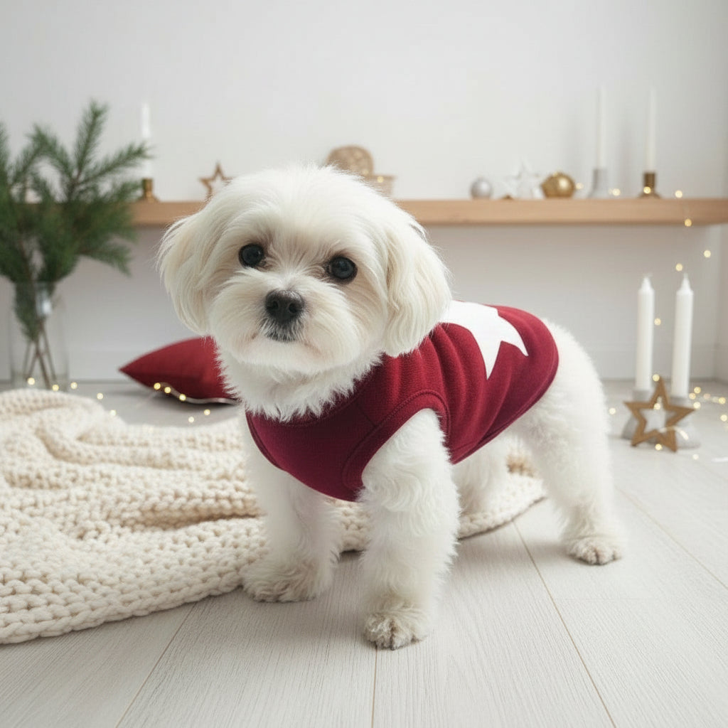 Cozy Winter Fleece Dog Jacket – Red Knit Warmwear with Pompom