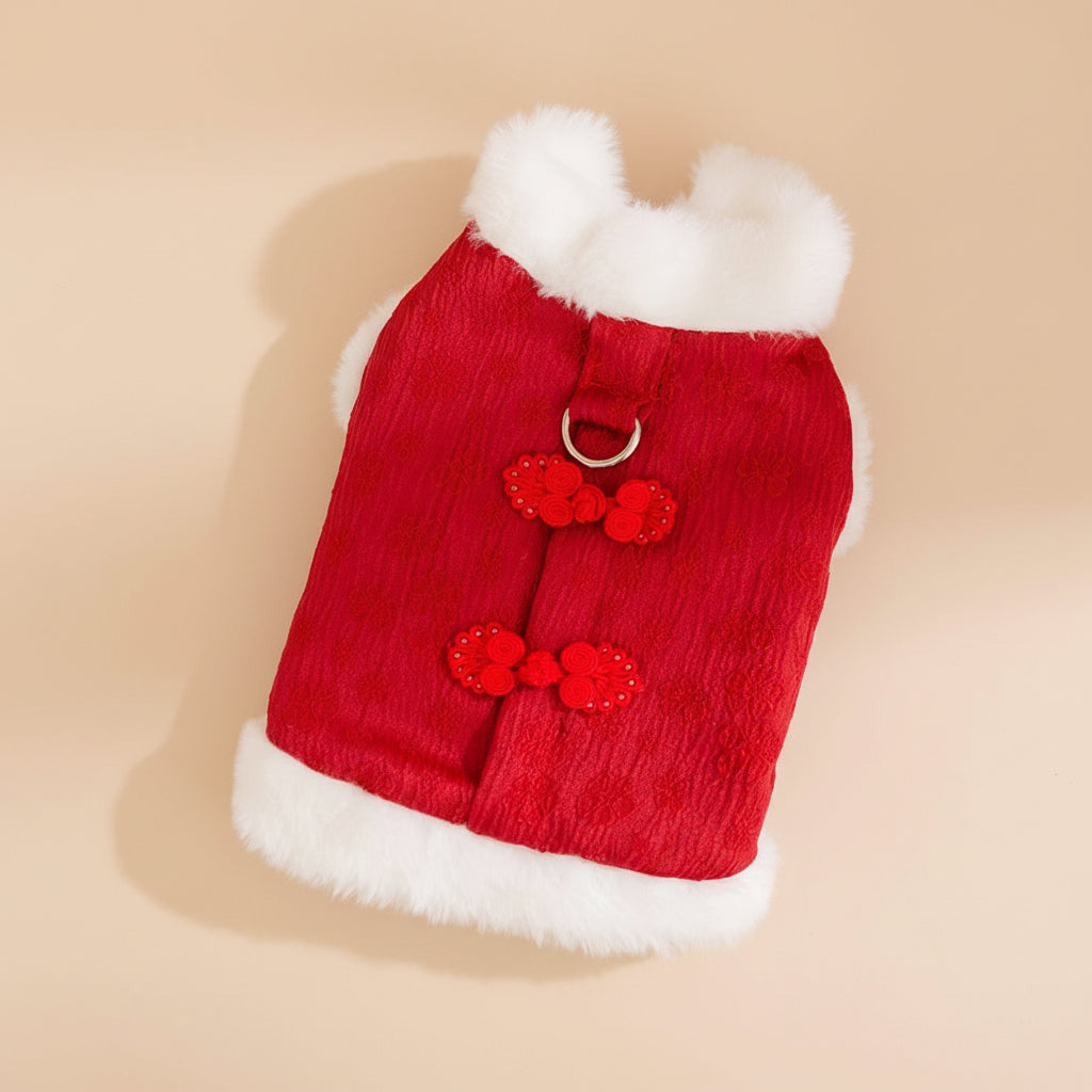 Chinese New Year Dog Coat with Plush Trim — Red Festive Winter Wear