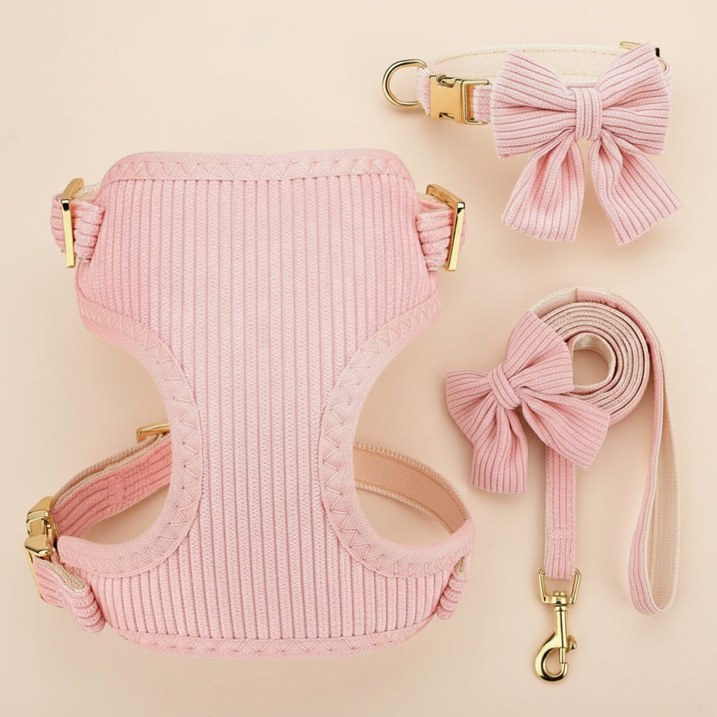 Soft Corduroy Bow Harness & Leash Set