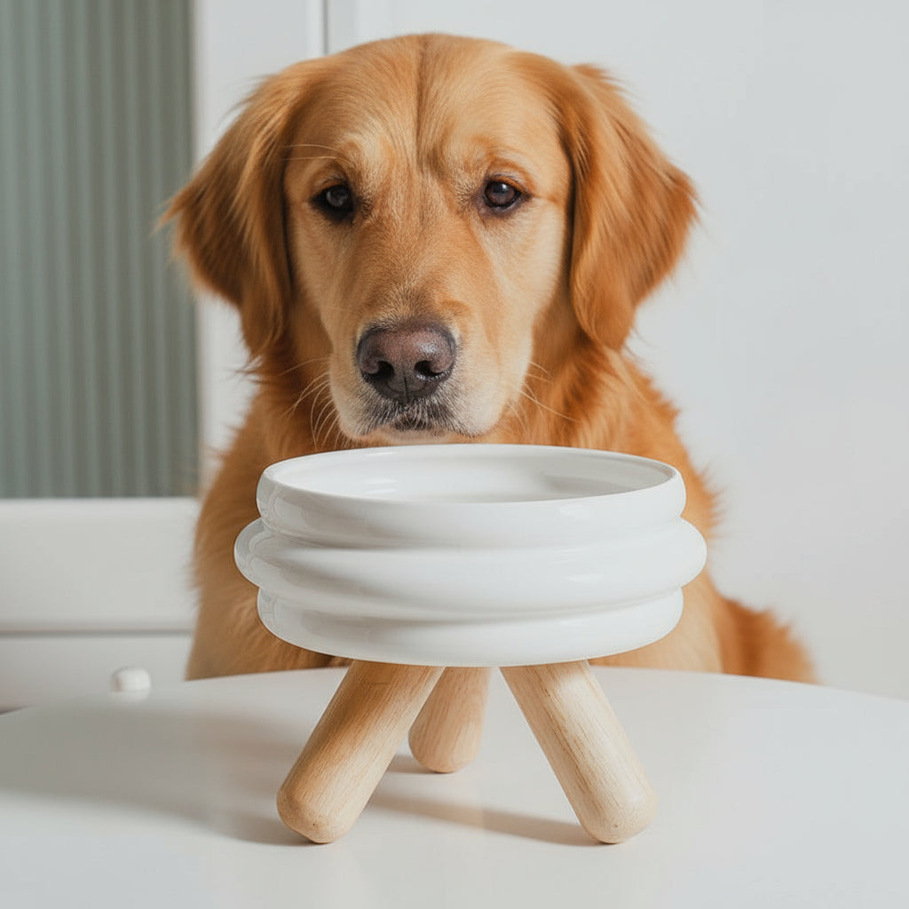 Gulu Ceramic Pet Bowl with Wooden Stand – Dual Design for Food & Water