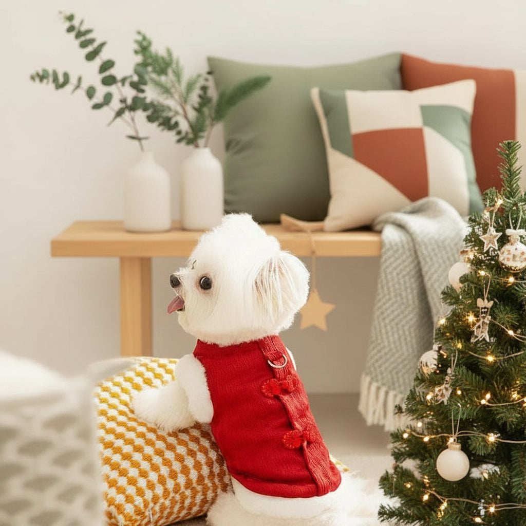 Chinese New Year Dog Coat with Plush Trim — Red Festive Winter Wear