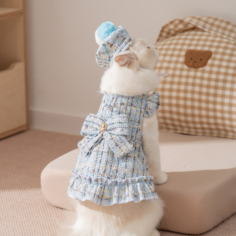 Winter Tweed Pet Dress — Warm Dog & Cat Outfit with Bow & Cap