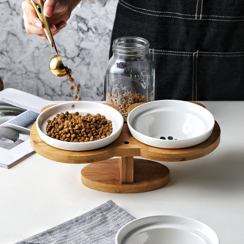 Ceramic Dual Cat Bowl with Wooden Base
