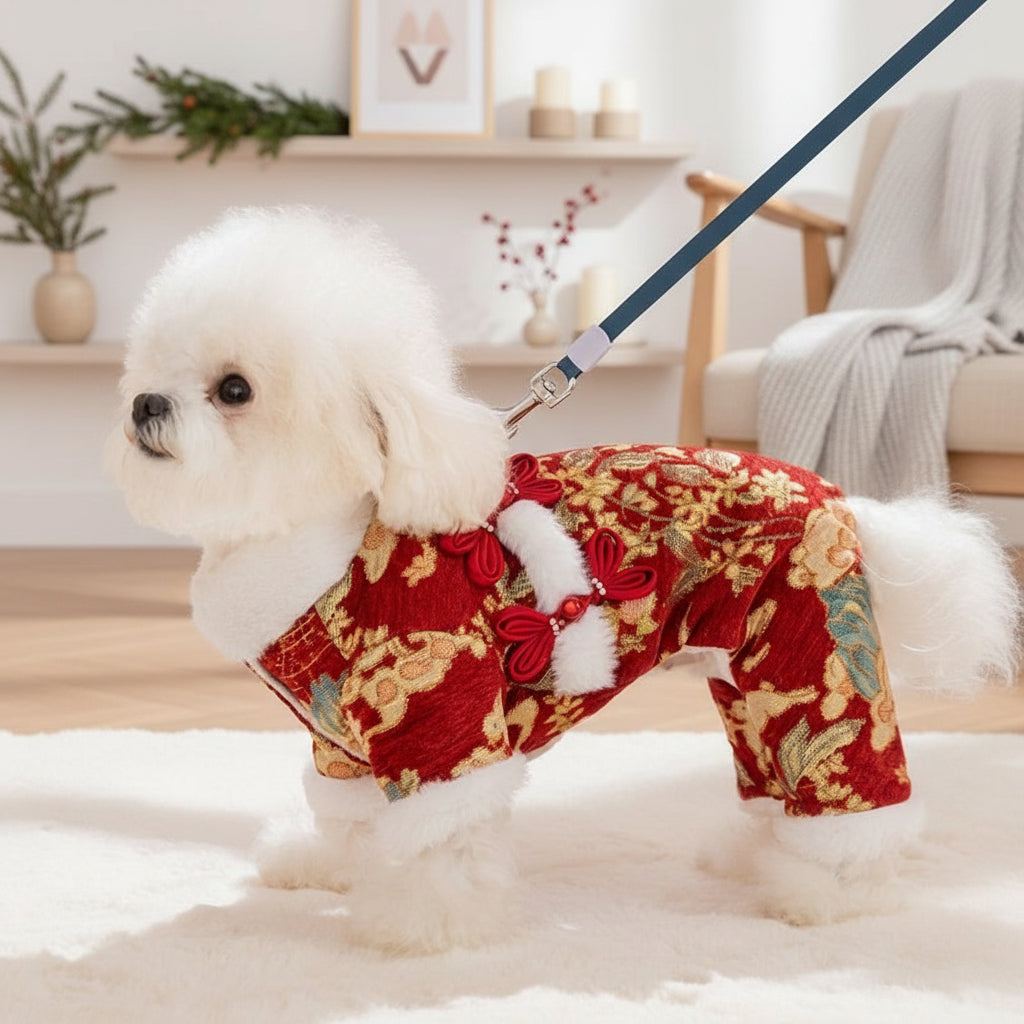 Lunar New Year Brocade Pet Jumpsuit with Faux Fur Trim