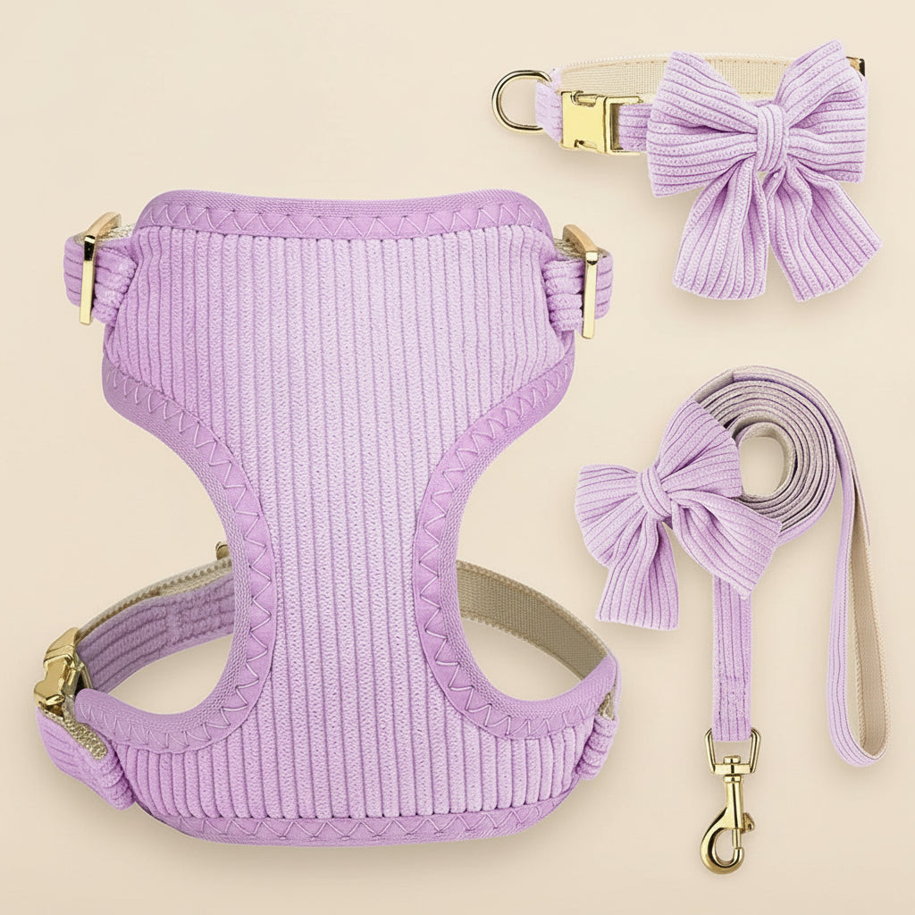 Soft Corduroy Bow Harness & Leash Set