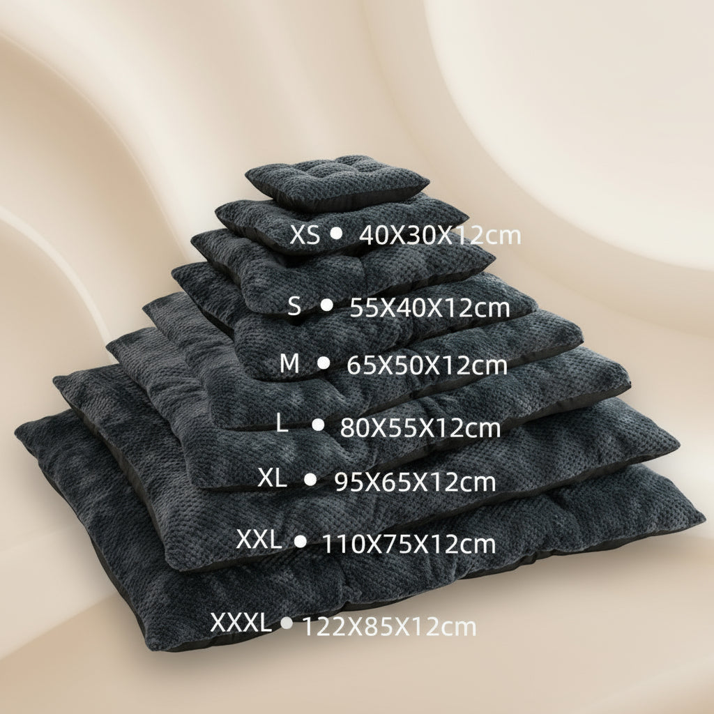 Stack of gray pet beds with dimensions labeled on a neutral background