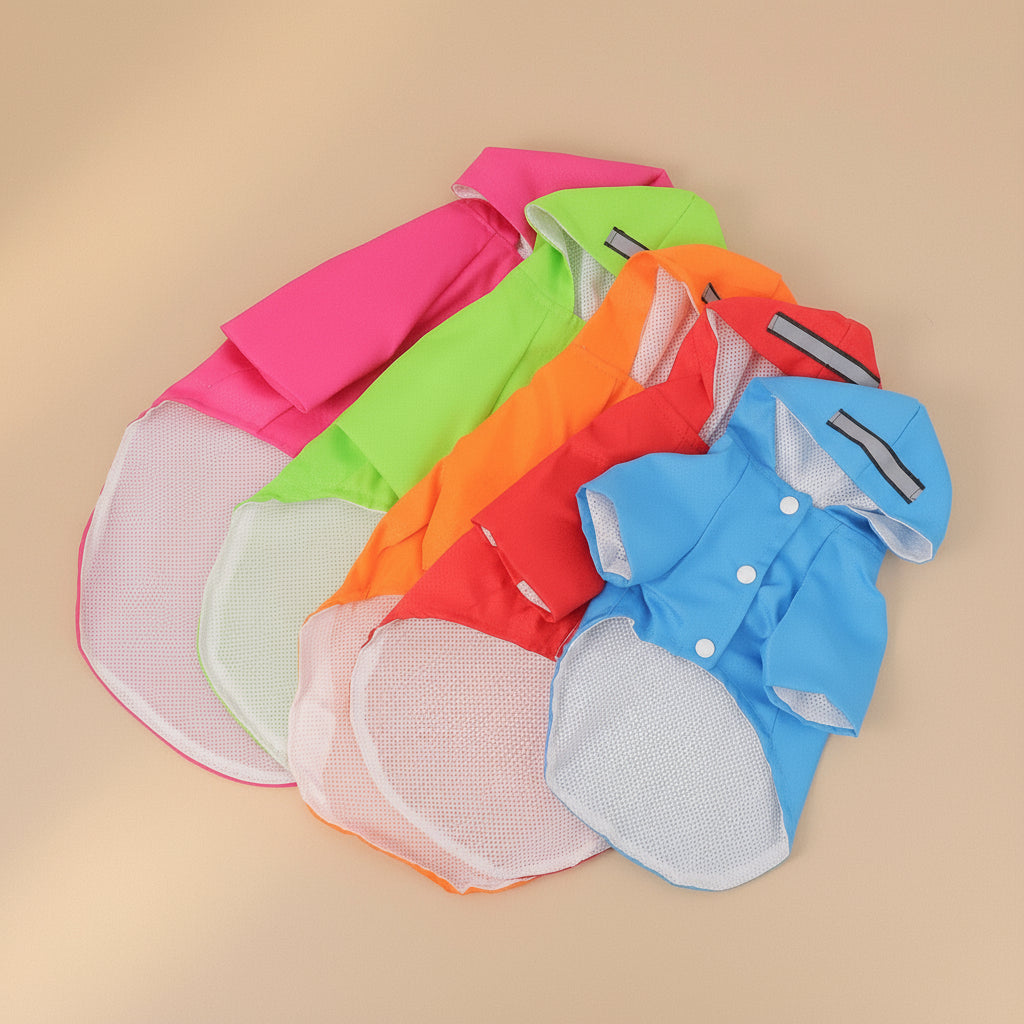 Colorful pet raincoats arranged in a circle on a white surface.