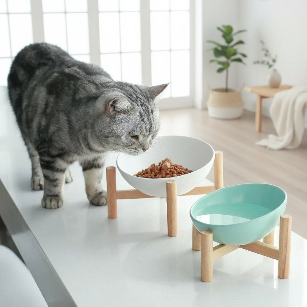 Elevated Ceramic Pet Bowl with Bamboo Stand