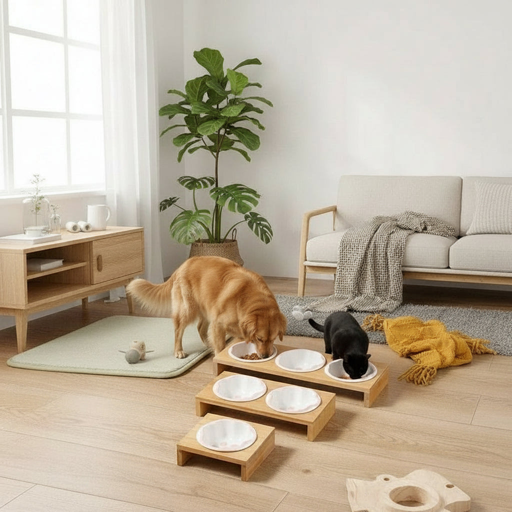 Elevated Bamboo & Ceramic Pet Bowl Set