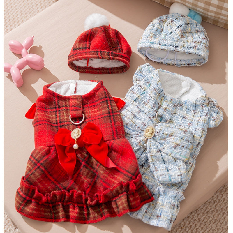 Winter Tweed Pet Dress — Warm Dog & Cat Outfit with Bow & Cap