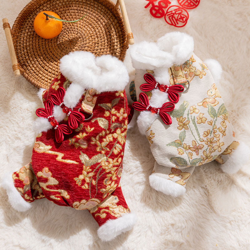 Lunar New Year Brocade Pet Jumpsuit with Faux Fur Trim