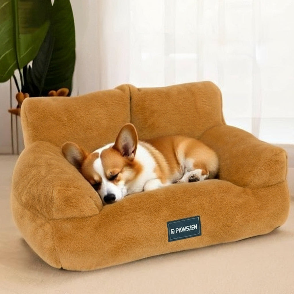 Dog lying on a brown pet bed with text about comfort and warmth.
