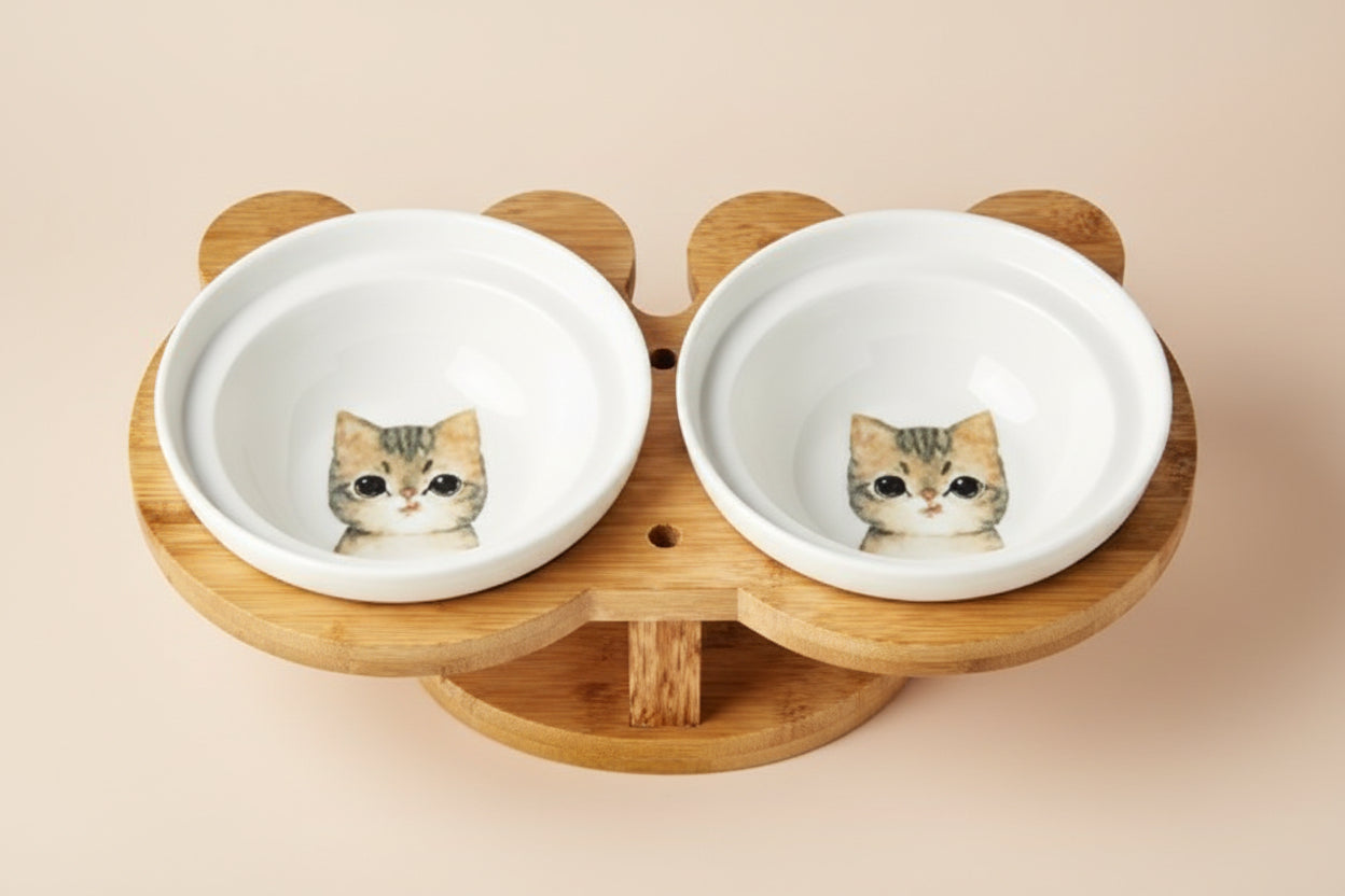 Ceramic Dual Cat Bowl with Wooden Base