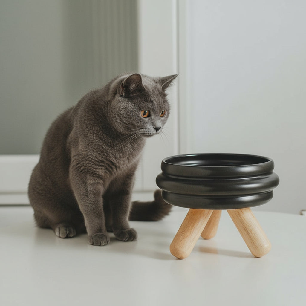 Black ceramic bowl with wooden legs on a light background