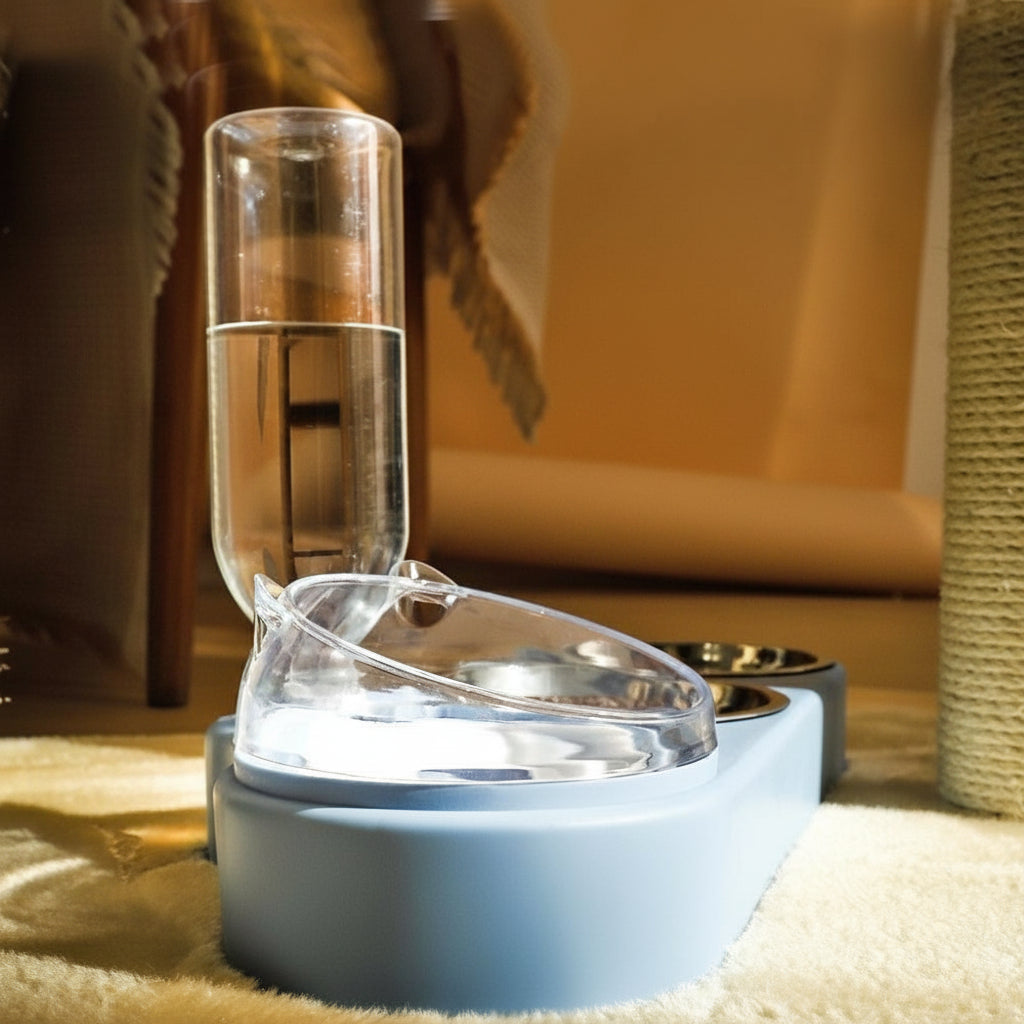 Pet water fountain with a glass of water on a soft surface, featuring text about stability.