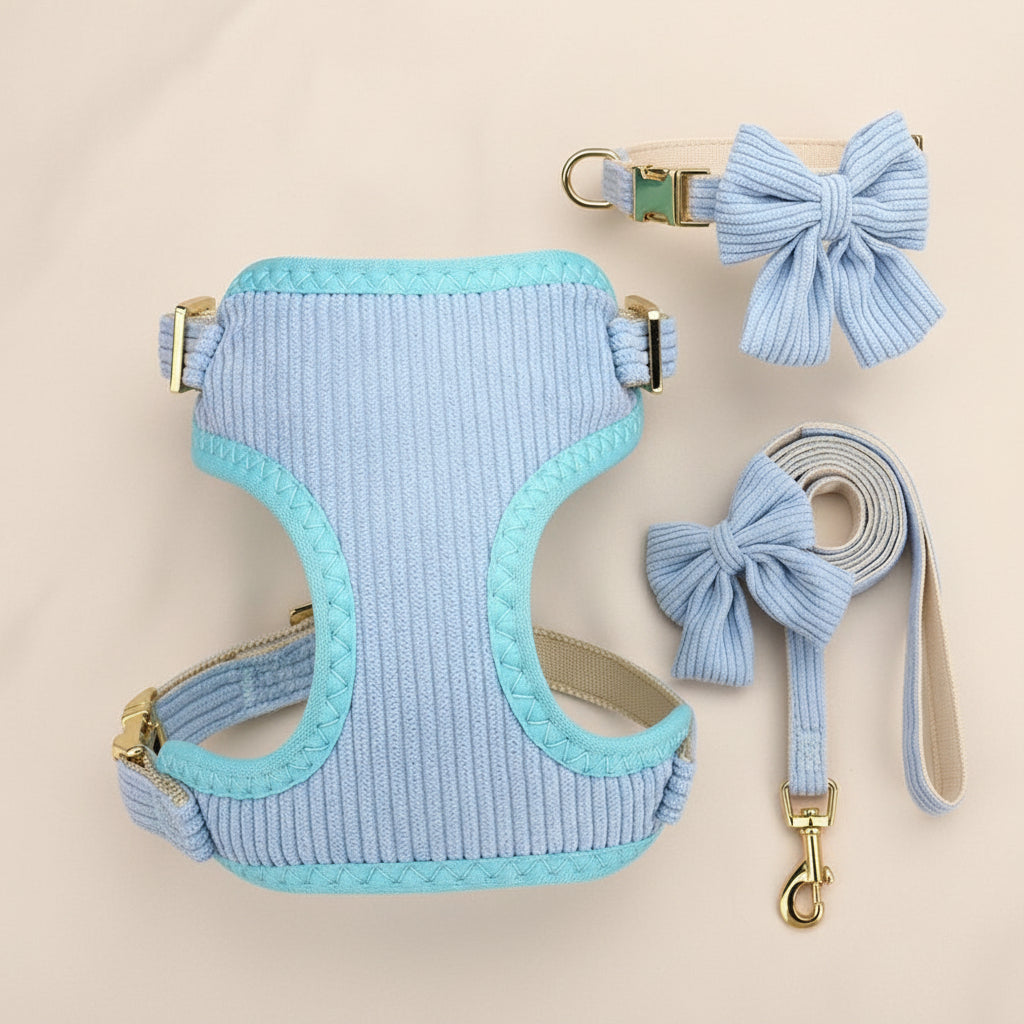 Soft Corduroy Bow Harness & Leash Set
