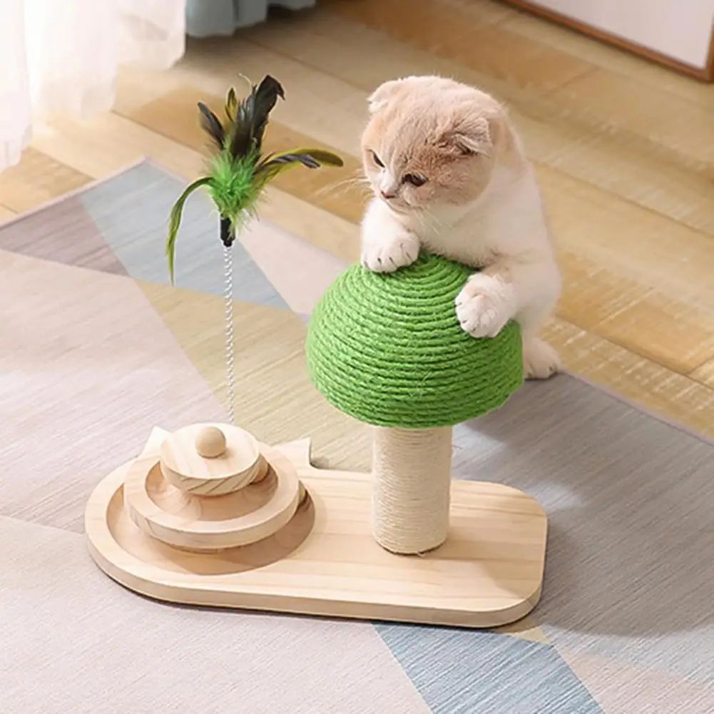 Mushroom Cat Scratching Tower — Natural Wood Play Station with Turntable Balls