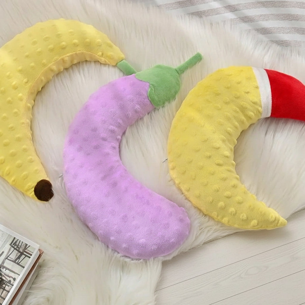 Mini Plush Pet Pillow — Banana, Moon & Eggplant Design