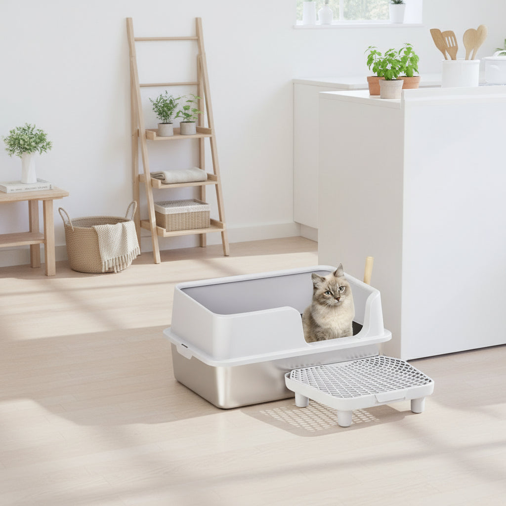 Stainless Steel Cat Litter Box with Lid & High Sides