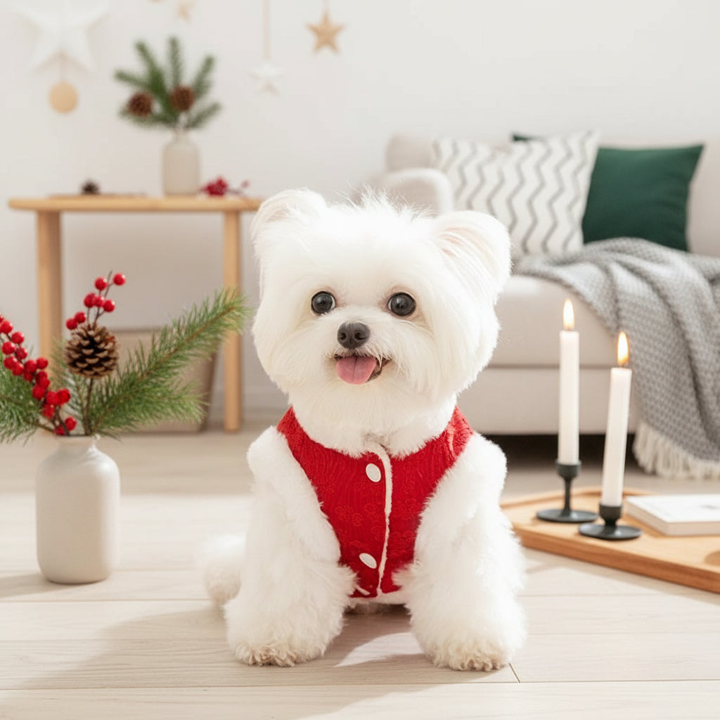 Chinese New Year Dog Coat with Plush Trim — Red Festive Winter Wear