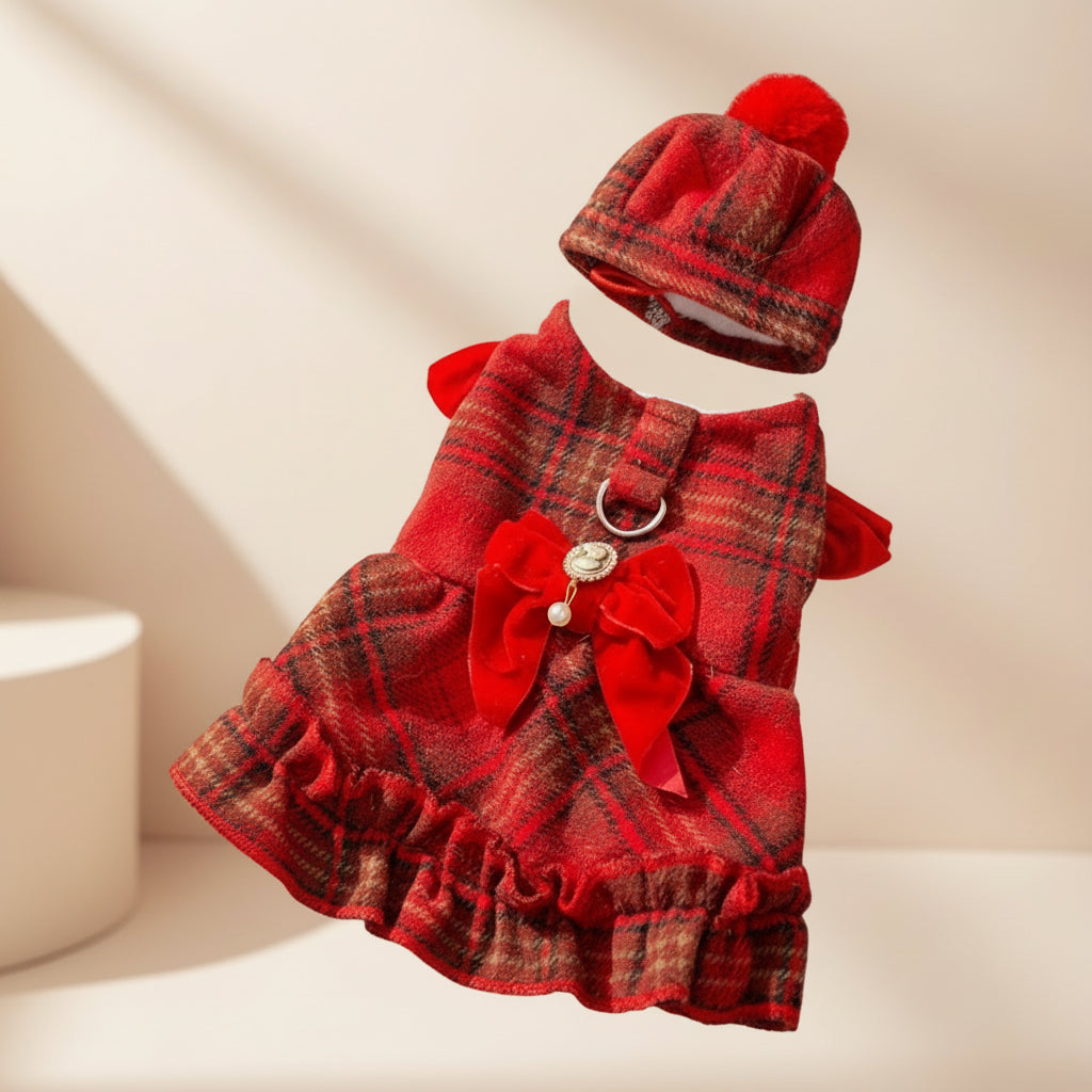 Winter Tweed Pet Dress — Warm Dog & Cat Outfit with Bow & Cap
