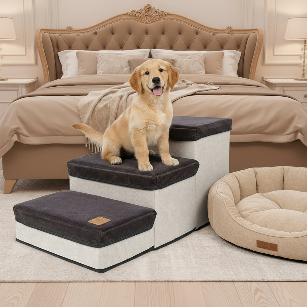 Foldable Pet Stairs with Hidden Storage — Soft & Supportive Design