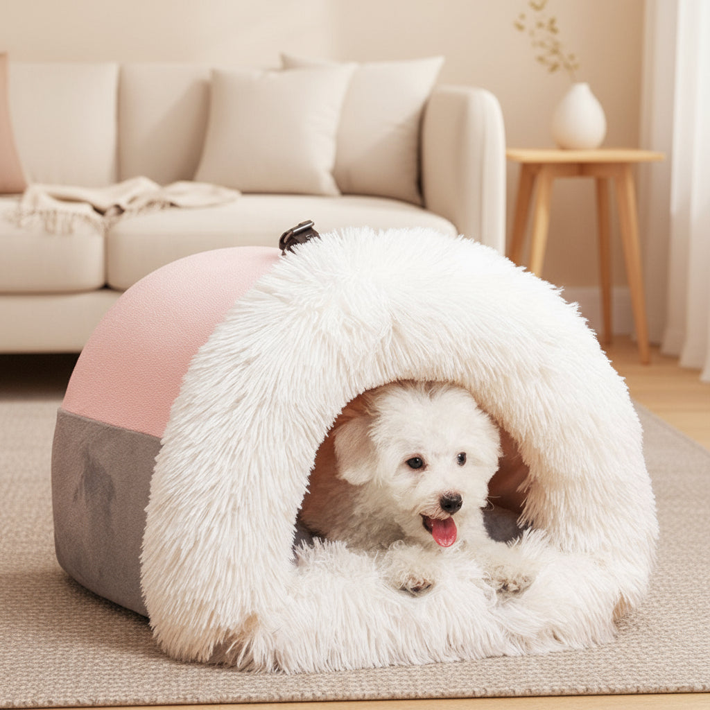 Dog lying in a fluffy pet bed with size and weight information displayed.