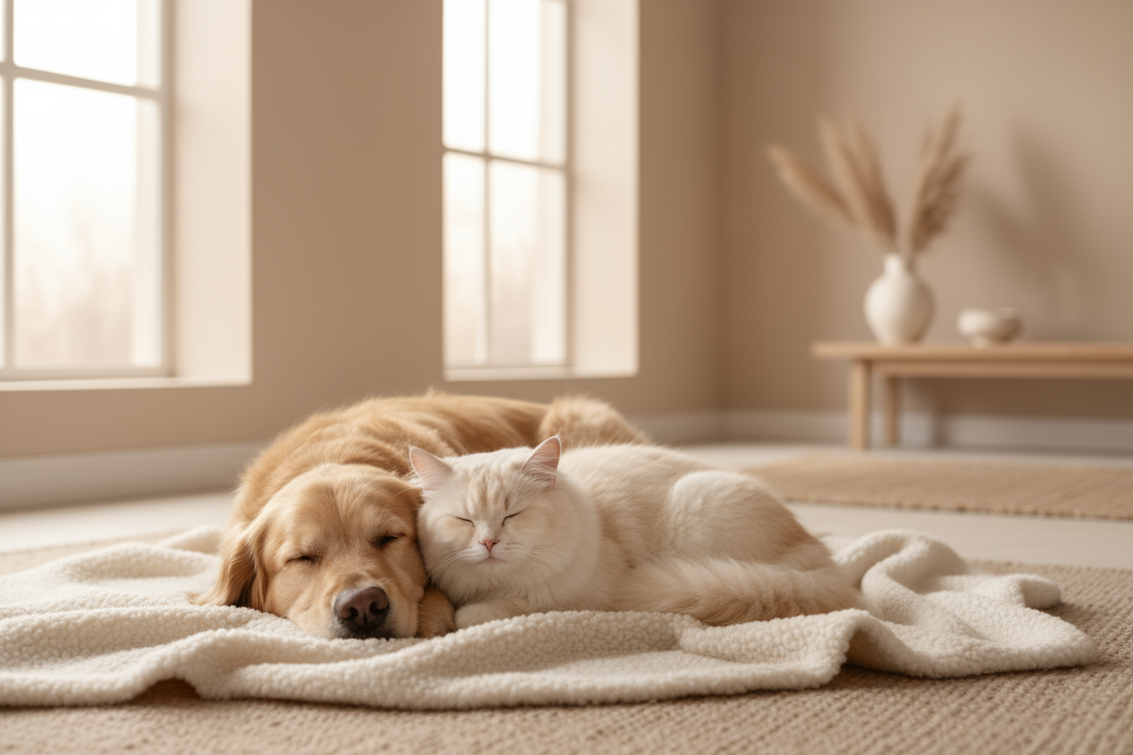 create a background image for a cover photo with a cat and a dog and an aesthetic background with soft beige tones