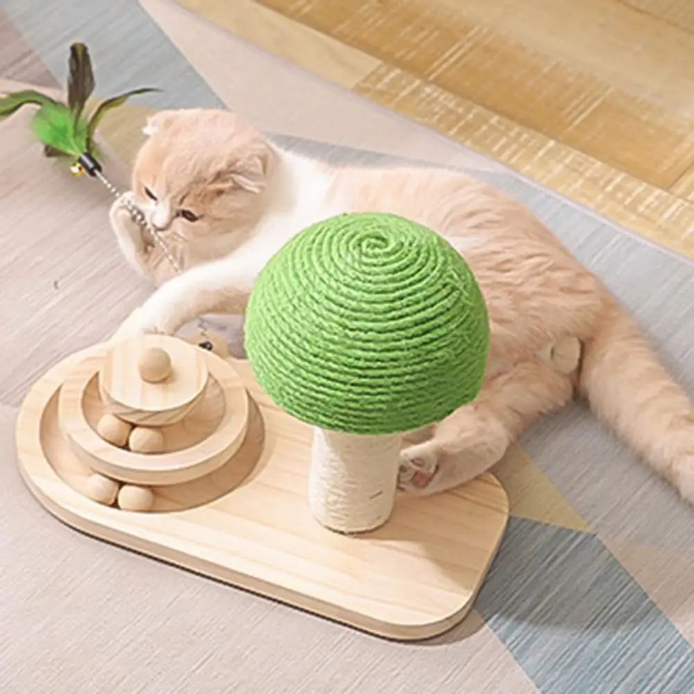 Mushroom Cat Scratching Tower — Natural Wood Play Station with Turntable Balls