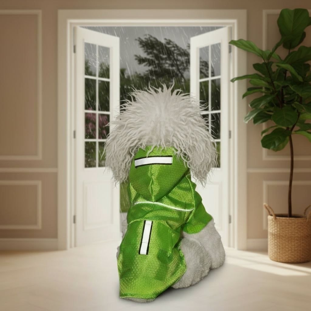 White dog wearing a green reflective raincoat on a gray surface with a white curtain background.