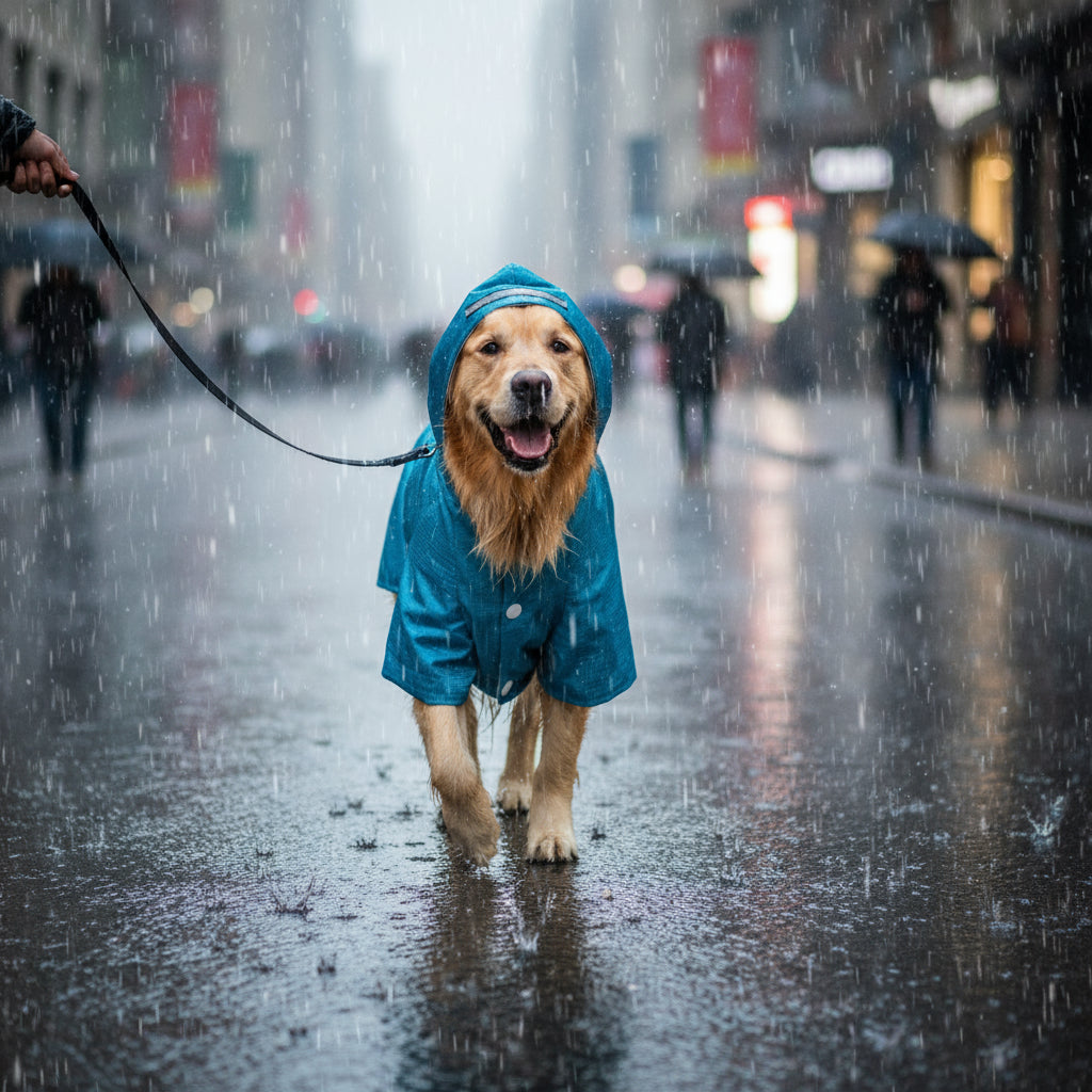 Blue dog raincoat with white buttons on a gray concrete surface