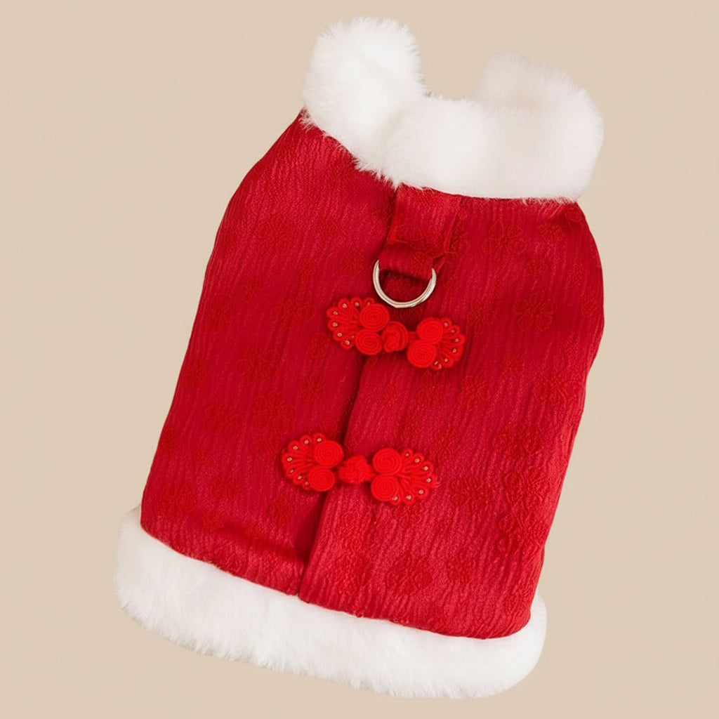 Chinese New Year Dog Coat with Plush Trim — Red Festive Winter Wear