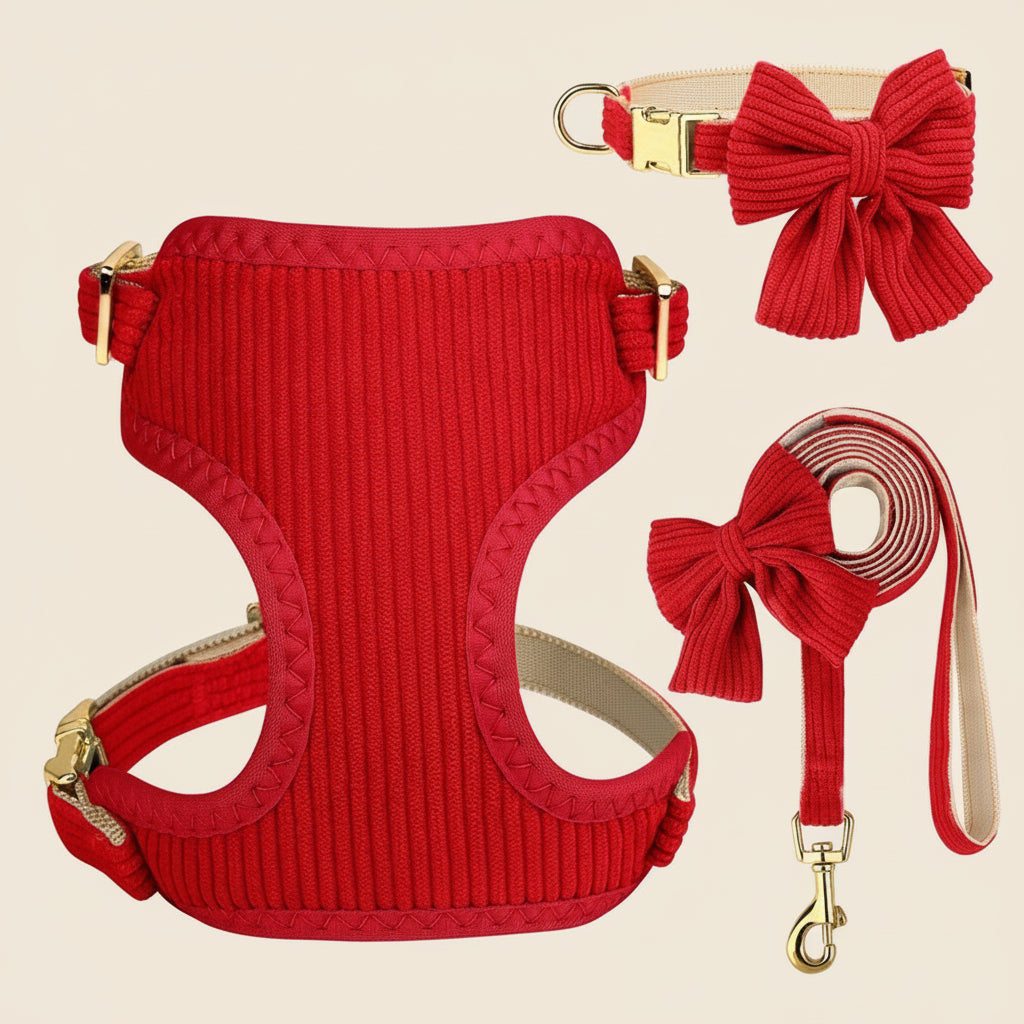 Soft Corduroy Bow Harness & Leash Set