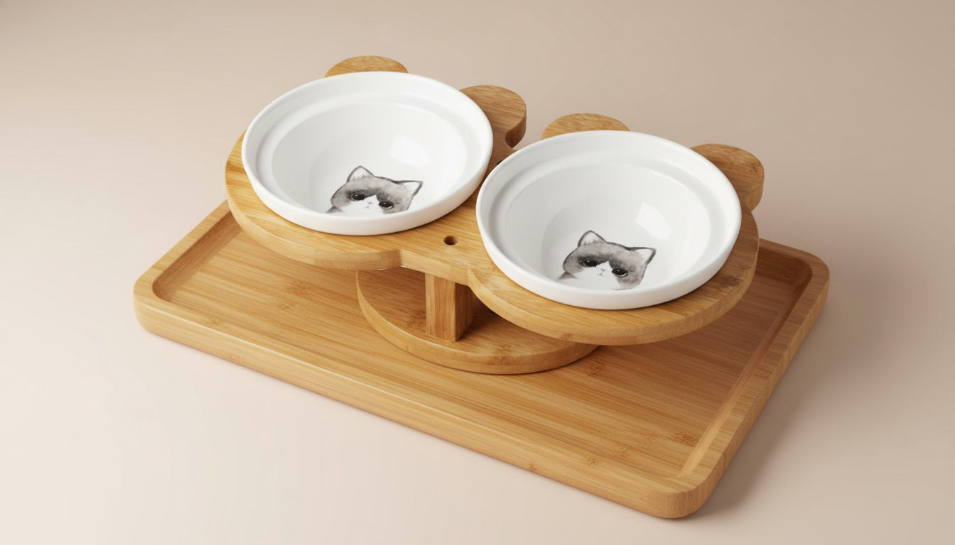 Ceramic Dual Cat Bowl with Wooden Base