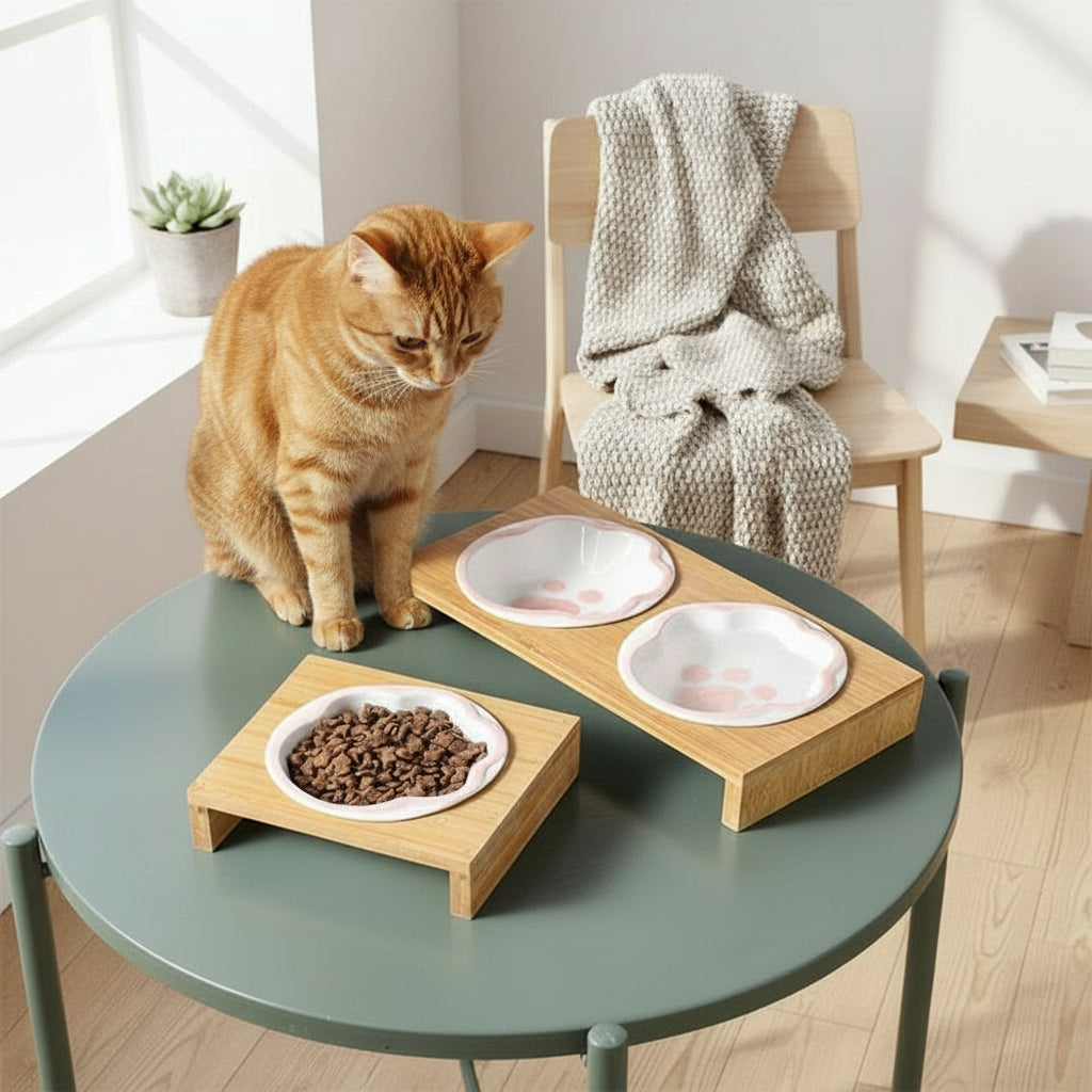 Elevated Bamboo & Ceramic Pet Bowl Set