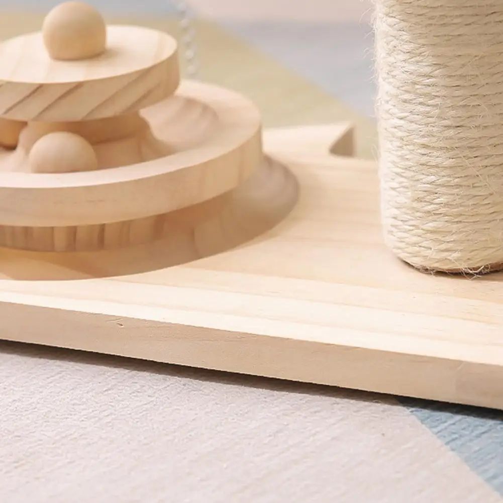 Mushroom Cat Scratching Tower — Natural Wood Play Station with Turntable Balls