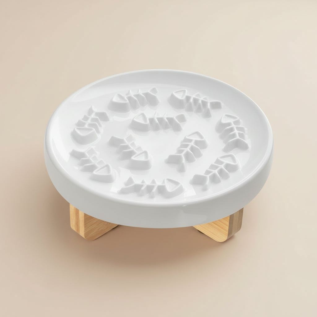 Ceramic Slow Feeder with Wooden Stand