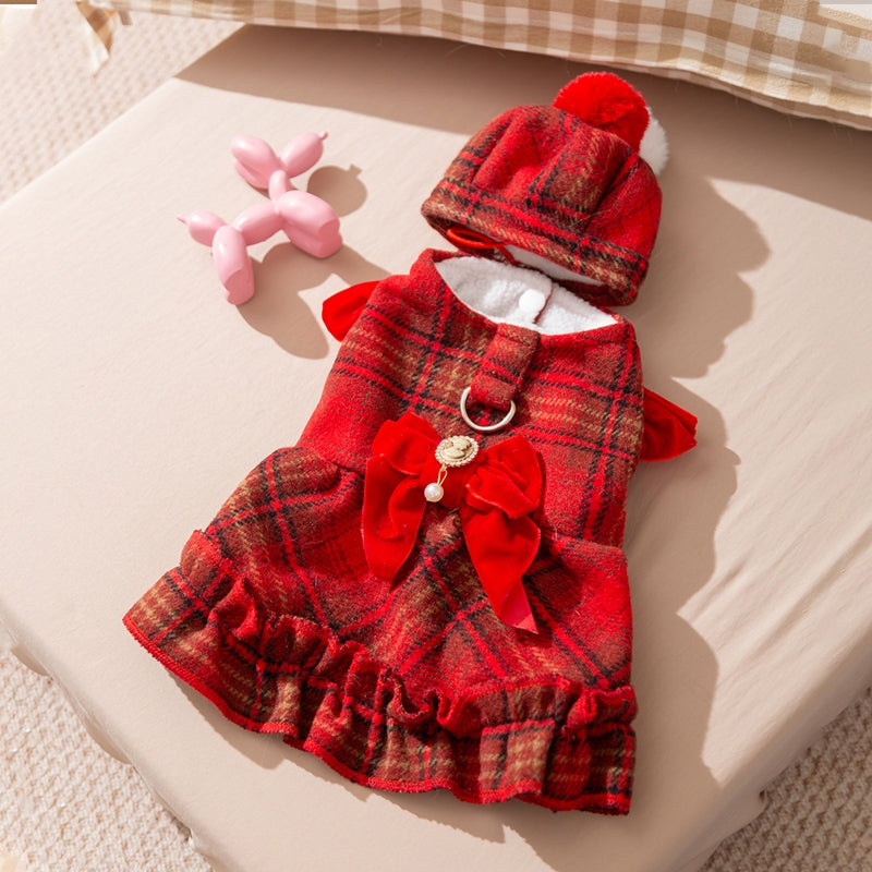 Winter Tweed Pet Dress — Warm Dog & Cat Outfit with Bow & Cap