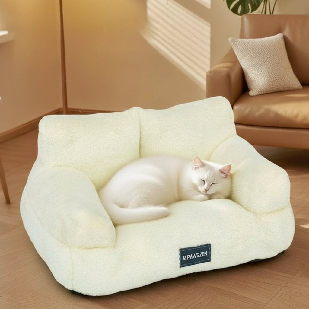 White cat lying on a fluffy pet bed with 'R PAWZEN' branding in a living room.