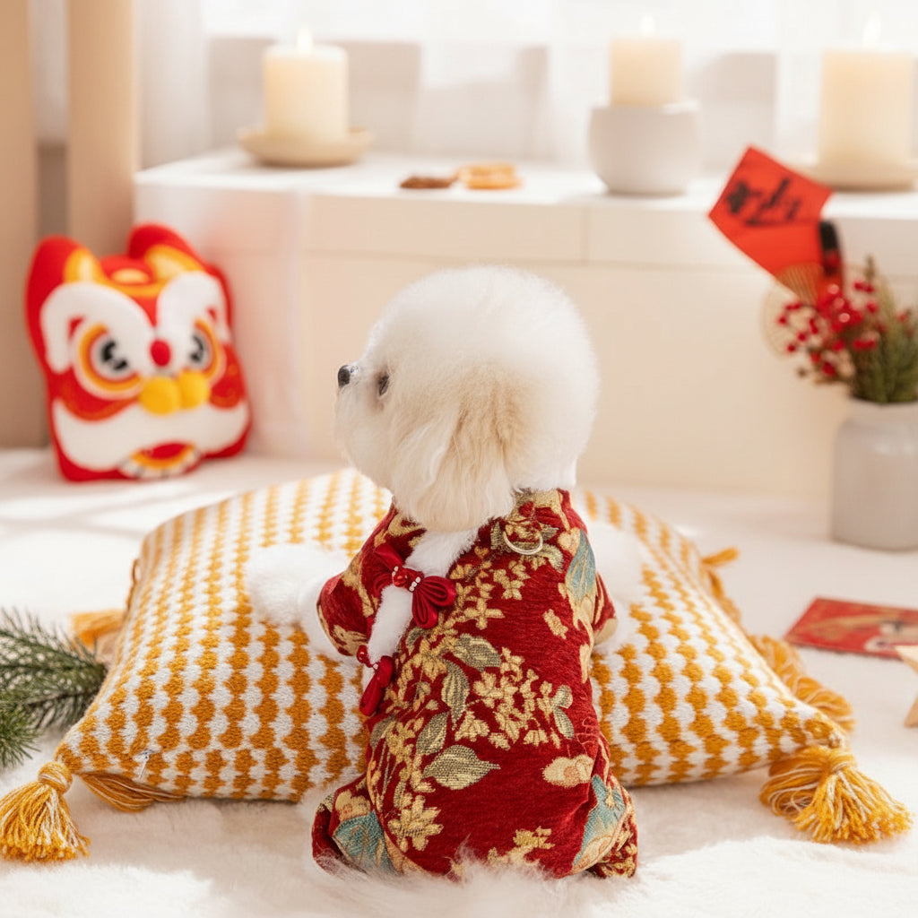 Lunar New Year Brocade Pet Jumpsuit with Faux Fur Trim